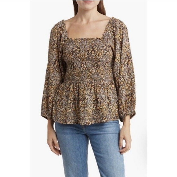 Madewell Tops - Madewell Lucie Smocked Floral Top Yellow Black Babydoll Size 14
